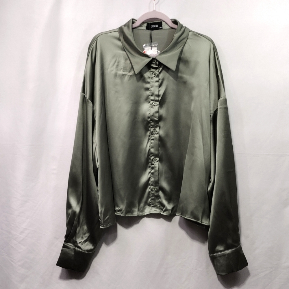 NWT Cider Satin Slip Shirt Womens 4XL Olive Green Button Up Boho Retro 90s Y2K